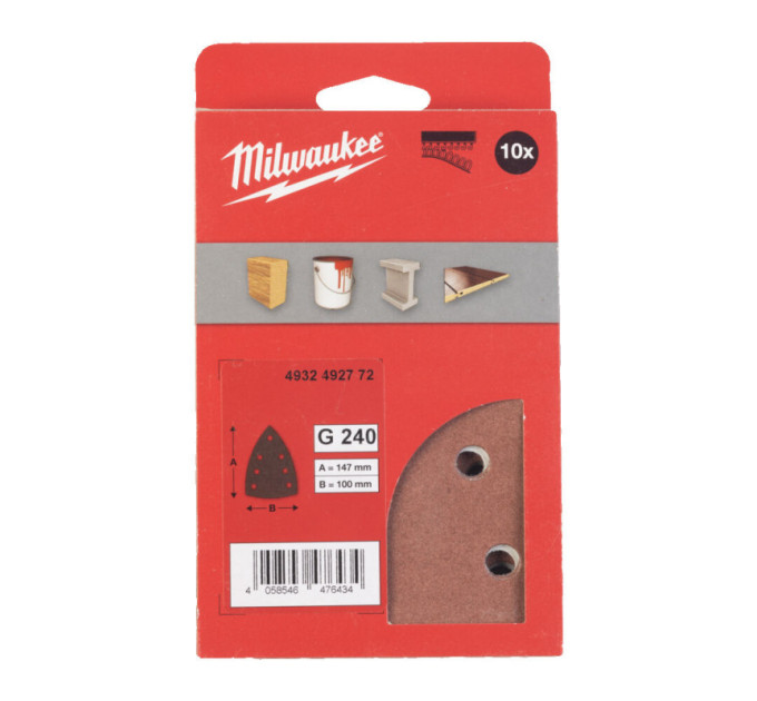 Шлифовальные листы дельтавидные MILWAUKEE, 100х147мм HL, зерно 240 (10шт)