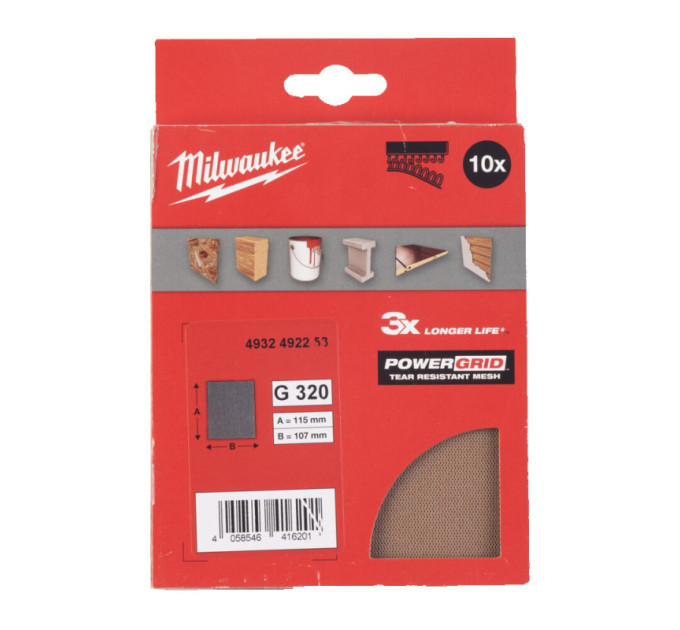 Сетка шлифовальная PG Mesh HL MILWAUKEE, 115х107мм, зерно 320, (10шт)