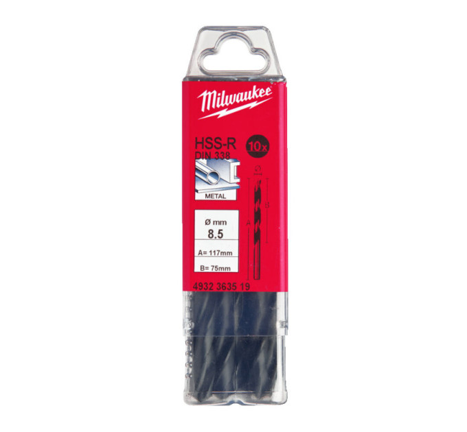 Сверло по металлу HSS-R MILWAUKEE, DIN338, Ø8,5х117х75мм, (10шт)