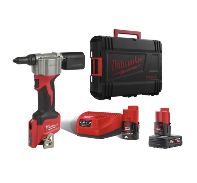Заклепочник аккумуляторный MILWAUKEE M12 BPRT-422X, Øзакл.2,4-4,8мм (ЗУ+1ак.Х2Ач+1ак.Х4Ач+HDкейс)