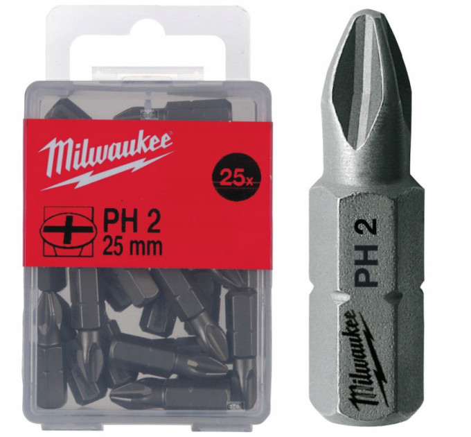 Бита MILWAUKEE, PH2, 25мм, (25 шт)