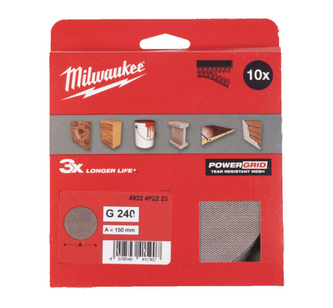 Сетка шлифовальная PG Mesh HL MILWAUKEE, Ø150мм, зерно 240, (10шт)
