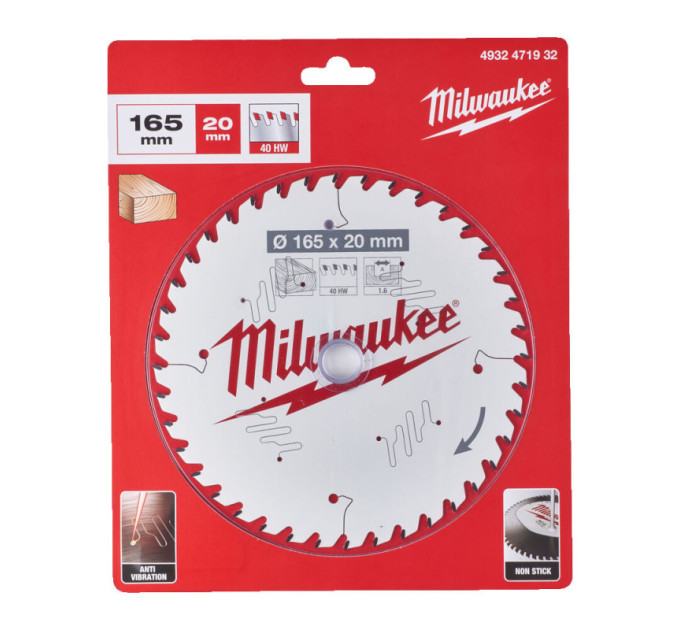 Диск пильный по дереву PFTE THIN KERF MILWAUKEE, Ø165х20х1,6мм, 40 зуб.