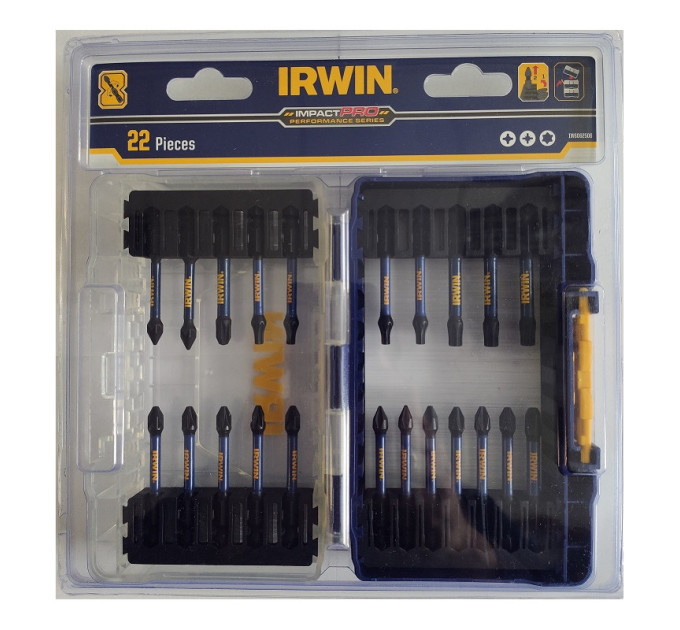 Набор бит IMPACT PRO 22шт, 1/4" 57мм PH1x2/PH2x4/PH3x1/Pz1x2/Pz2x5/Pz3x1/T20x4/T30x3, IRWIN