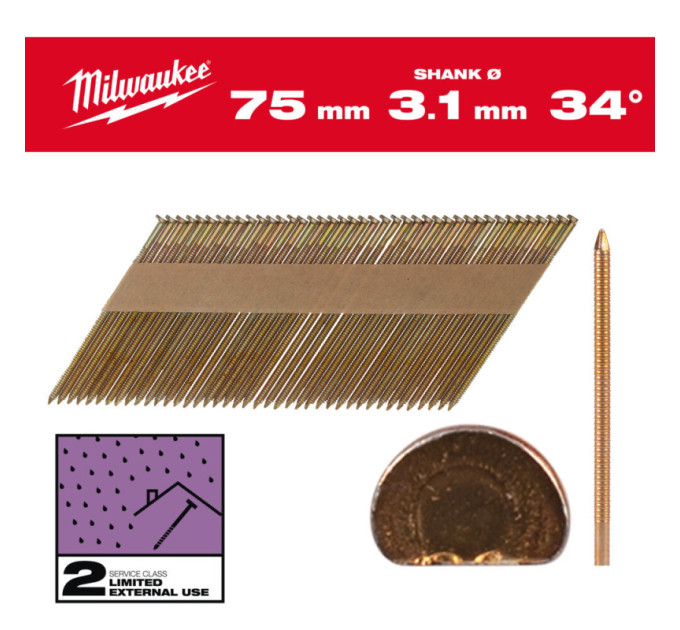 Гвозди оцинкованные с кольцевой накаткой и D-образной головкой MILWAUKEE 3,1/34°/75мм (2200 шт)