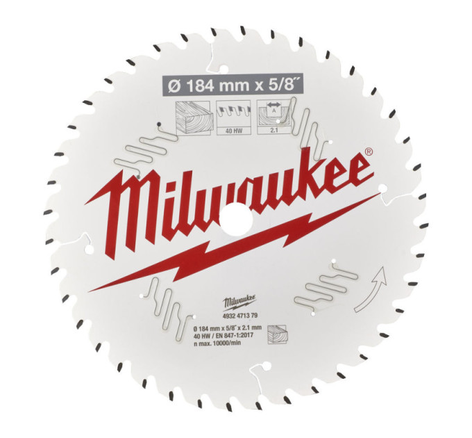 Диск пильный по дереву PFTE THIN KERF MILWAUKEE, Ø184х5/8''х2,1мм, 40 зуб.