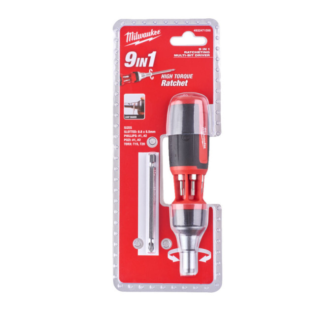 Отвертка универсальная с трещоткой 9в1 (PH1, PH2, PZ1, PZ2, Torx®15, Torx®20, SL5.5) MILWAUKEE