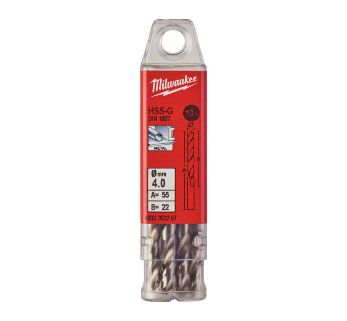 Свердло по металу HSS-G MILWAUKEE DIN1897, Ø4,0х55х22мм, короткий, (10шт)