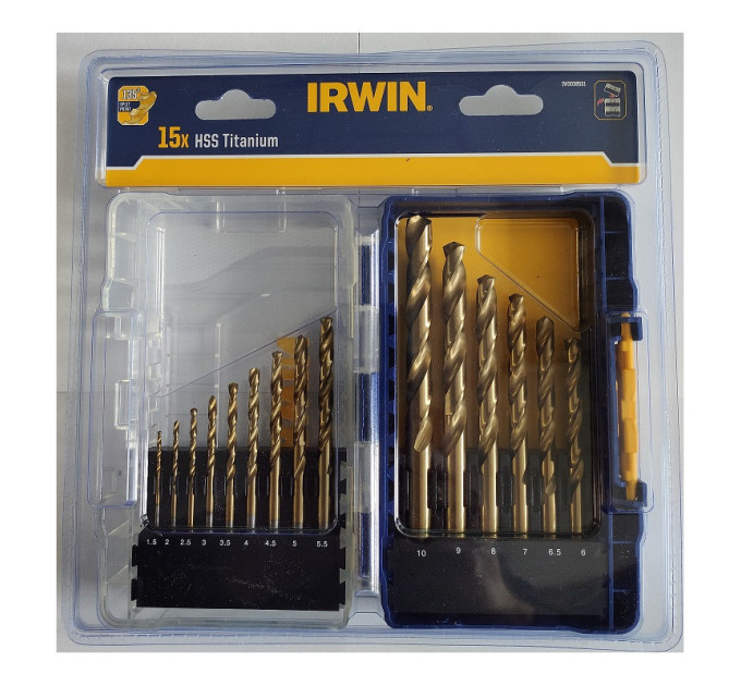 Набор свёрл HSS PRO TITANIUM 15шт. :1.5/2/2.5/3/3.5/4/4.5/5/5.5/6/6.5/7/8/9/10мм, IRWIN