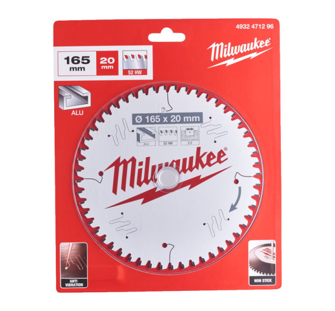 Диск пильный по алюминию PFTE MILWAUKEE, Ø165х20х2,2мм, 96 зуб.
