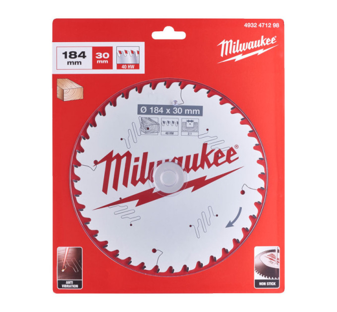 Диск пильний по дереву PFTE THIN KERF MILWAUKEE, Ø184х30х2, 1мм, 40 зуб.