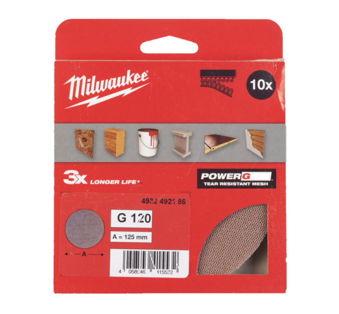 Сетка шлифовальная PG Mesh HL MILWAUKEE, Ø125мм, зерно 120, (10шт)