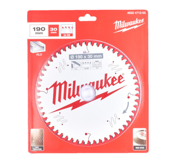 Диск пильный по алюминию PFTE MILWAUKEE, Ø190х30х2,4мм, 54 зуб.