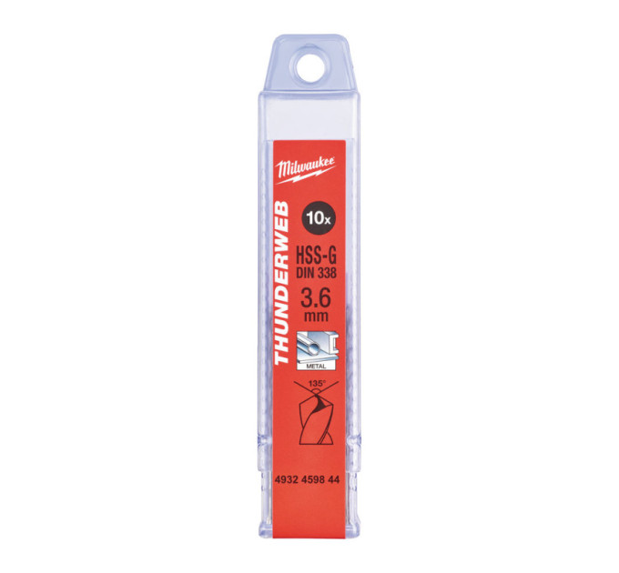 Сверло по металлу THUNDERWEB HSS-G MILWAUKEE, DIN338, Ø3,6х70х39мм, (10шт)
