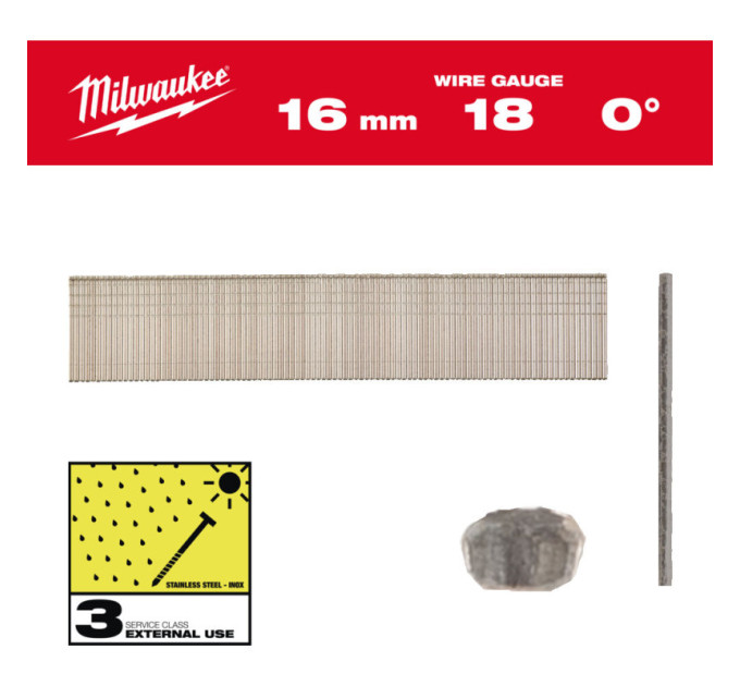 Гвозди из нержавейки с Т-образной головкой MILWAUKEE, 18G/0°/16мм, (10000шт)