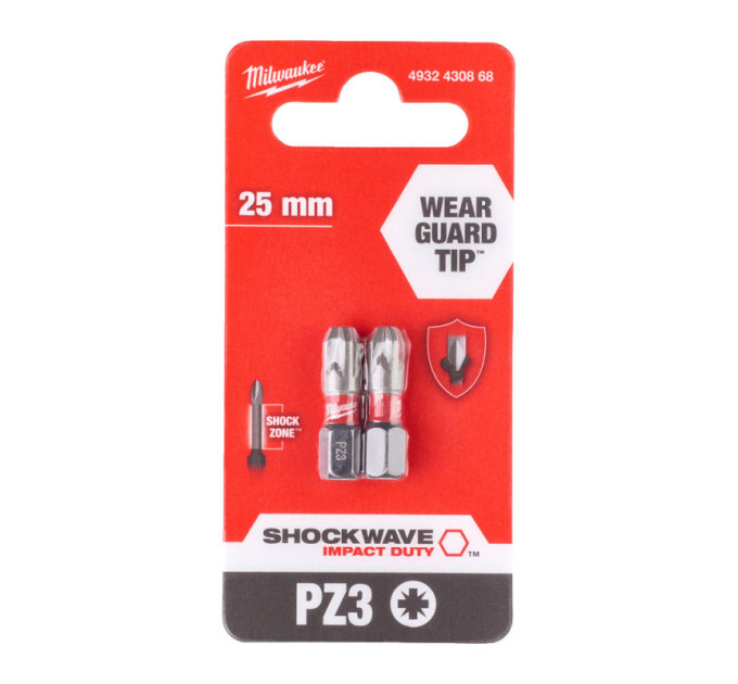 Бита SHOCKWAVE MILWAUKEE, PZ3, 25мм, (2шт)