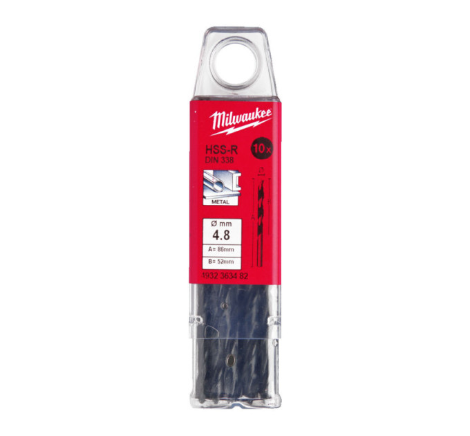 Свердло по металу HSS-R MILWAUKEE, DIN338, Ø4,8 х86х52мм, (10шт)