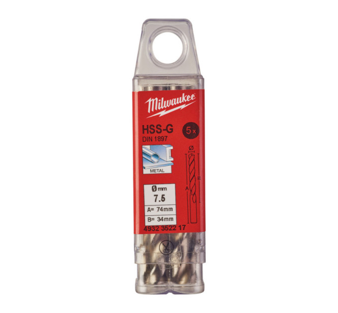 Свердло по металу HSS-G MILWAUKEE DIN1897, Ø7,5х74х34мм, короткий, (5шт)