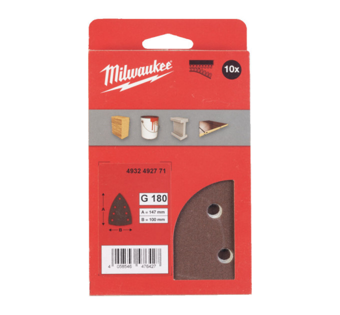 Шлифовальные листы дельтавидные MILWAUKEE, 100х147мм HL, зерно 180 (10шт)