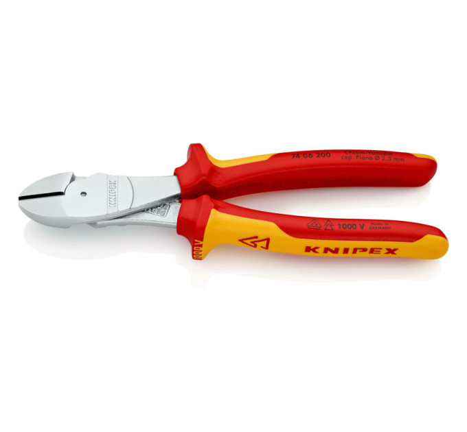 Кусачки боковые (бокорезы) особой мощности, Ø4,2мм, 200мм VDE KNIPEX 74 06 200, хромированные
