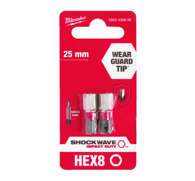 Бита SHOCKWAVE MILWAUKEE, Hex8,0, 25мм, (2шт)