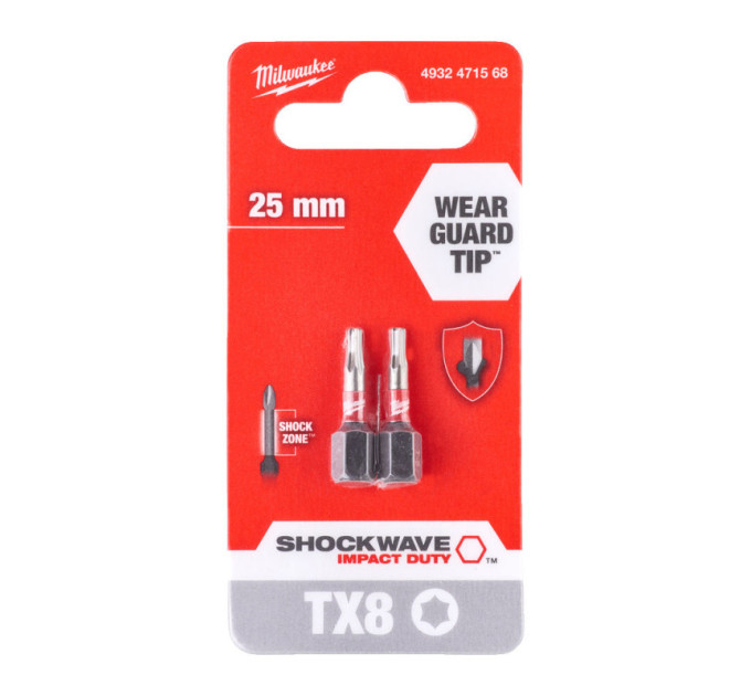 Бита SHOCKWAVE MILWAUKEE, TX8, 25мм, (2шт)