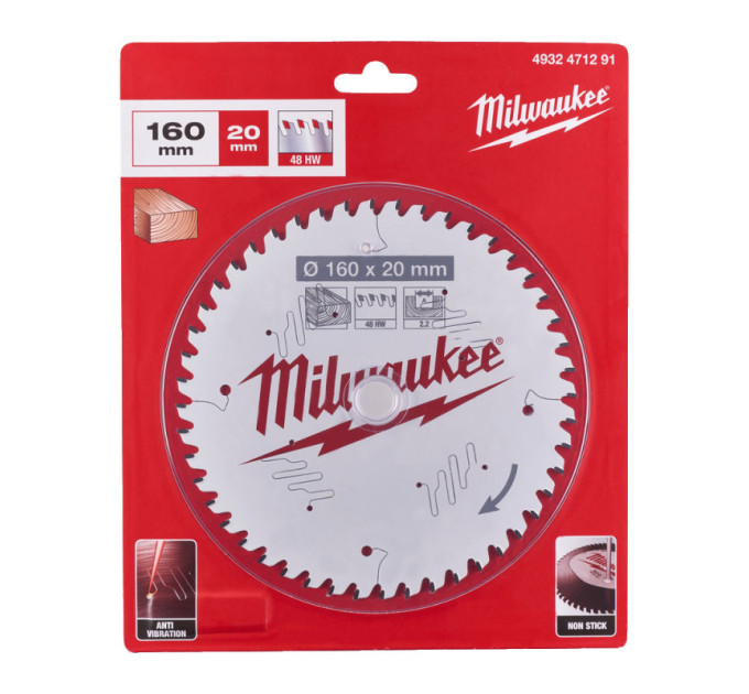 Диск пильний по дереву PFTE MILWAUKEE, Ø160х20х2, 2мм, 48 зуб.