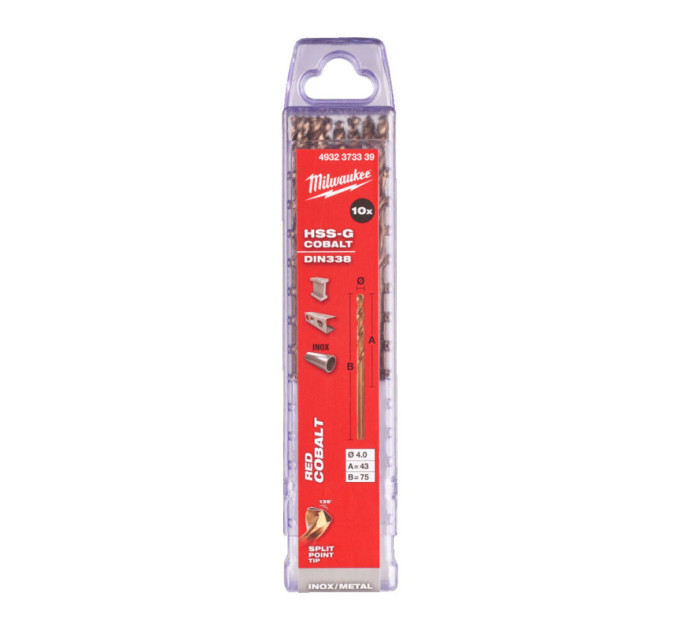 Сверло по металлу HSS-Co MILWAUKEE, DIN338, Ø4,0х75х43мм, (10шт)