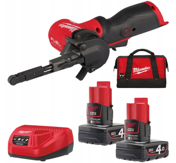 Шлифмашина ленточная аккумуляторная бесщеточная MILWAUKEE M12 FBFL10-402B (10мм) (ЗУ+2Х4Ач+сумка)