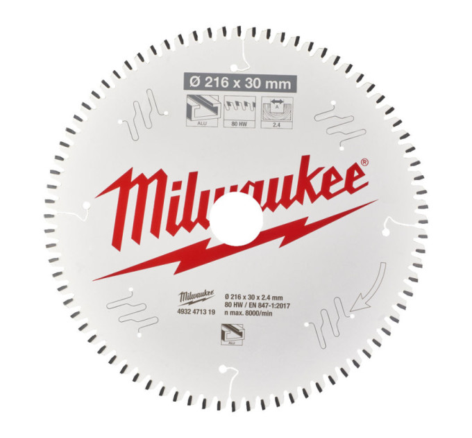 Диск пильний по алюмінію PFTE MILWAUKEE, Ø216х30х2, 4мм, 80 зуб.