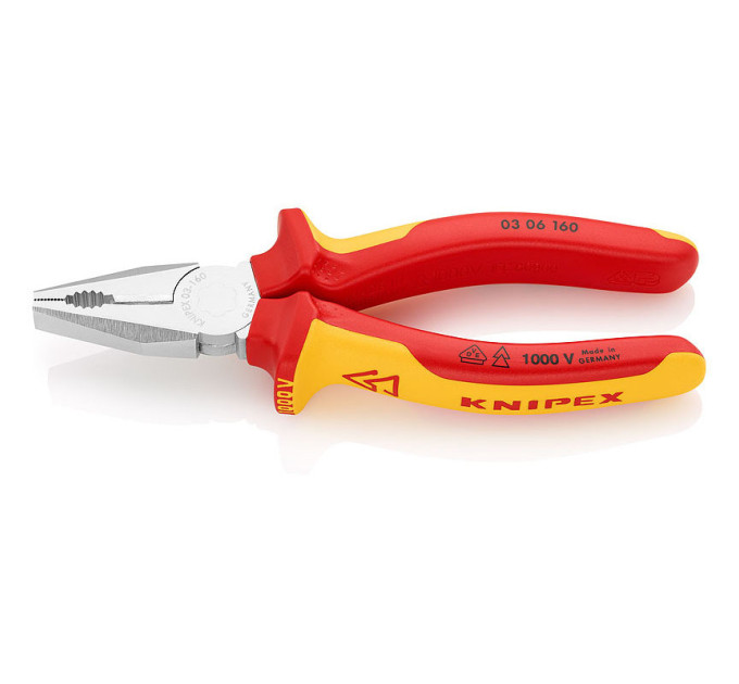 Пассатижи (плоскогубцы) комбинированные Ø10,0мм, 160мм VDE KNIPEX 03 06 160 SB, хром (в блистере)
