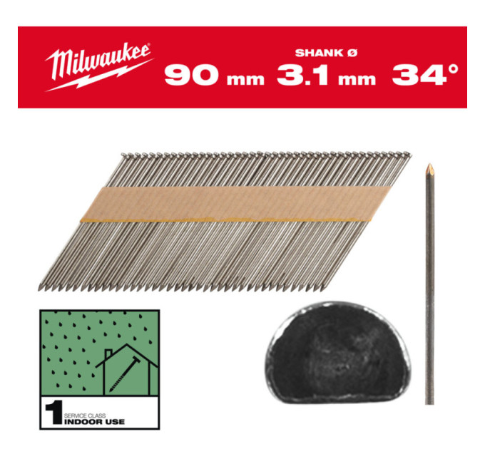 Гвозди оцинкованные с D-образной головкой MILWAUKEE 2,8/34°/90мм (2200шт)
