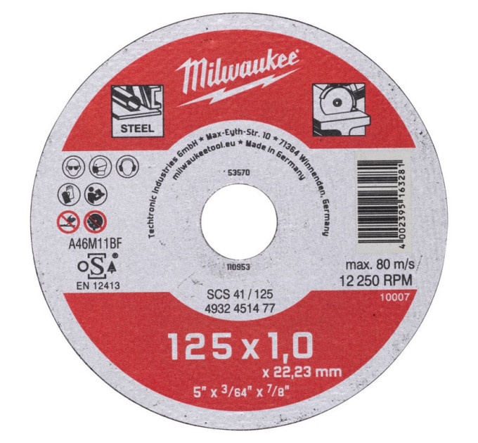 Диск отрезной по металлу MILWAUKEE, SCS 41/125х1, Ø125мм