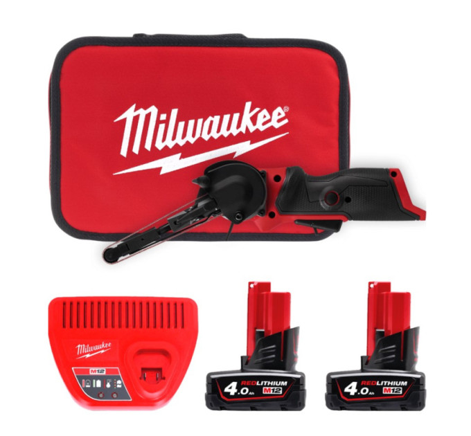 Шлифмашина ленточная аккумуляторная бесщеточная MILWAUKEE M12 FBFL10-402B (10мм) (ЗУ+2Х4Ач+сумка)