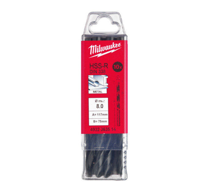 Свердло по металу HSS-R MILWAUKEE, DIN338, Ø8,0х117х75мм, (10шт)