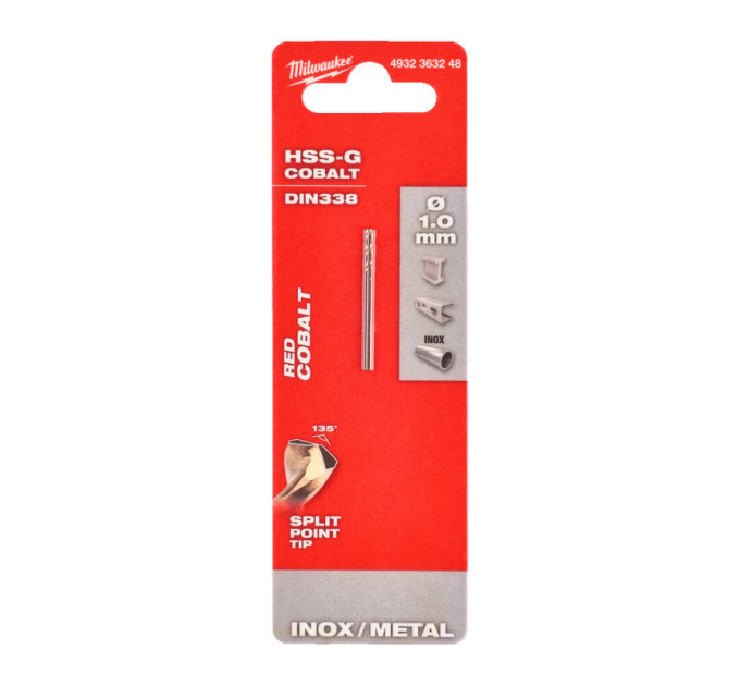 Сверло по металлу HSS-Co MILWAUKEE, DIN338, Ø1,0х34х12мм, (2шт)