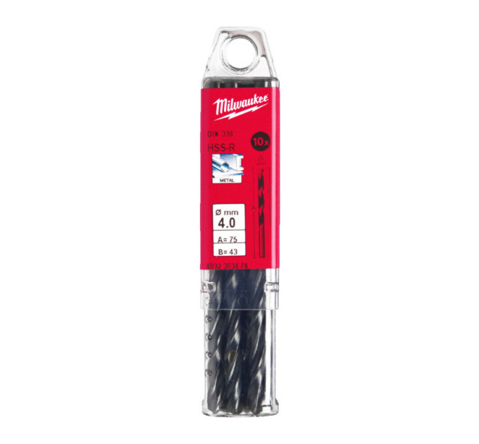 Свердло по металу HSS-R MILWAUKEE, DIN338, Ø4,0х75х43мм, (10шт)
