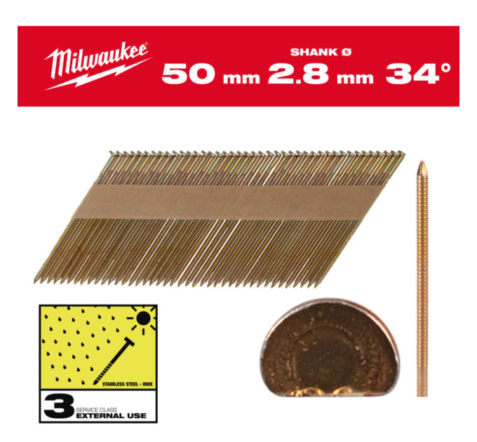 Гвозди гарячеоцинкованные с кольцевой накаткой и D-образной головкой MILWAUKEE 2,8/34°/50мм(2200 шт)