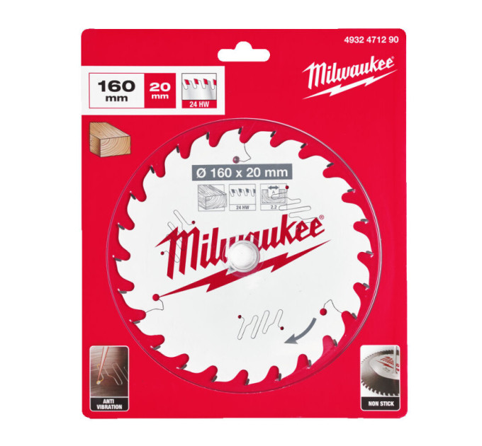 Диск пильний по дереву PFTE MILWAUKEE, Ø160х20х2, 2мм, 24 зуб.