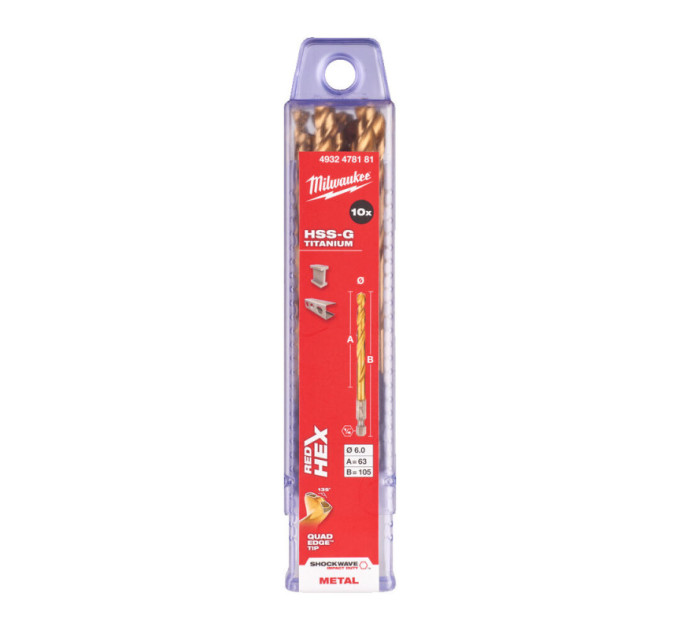 Свердло по металу RedHEX SHOCKWAVE™ HSS-TiN MILWAUKEE, Ø6,0х105х63мм, (10шт)