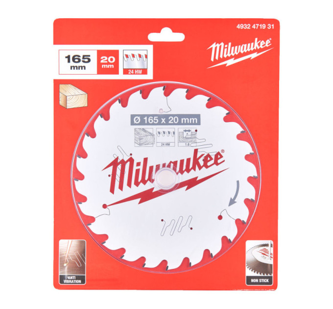 Диск пильный по дереву PFTE THIN KERF MILWAUKEE, Ø165х20х1,6мм, 24 зуб.