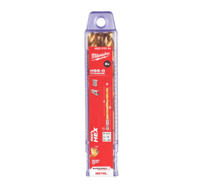 Свердло по металу RedHEX SHOCKWAVE™ HSS-TiN MILWAUKEE, Ø10,0х120х76мм, (5шт)