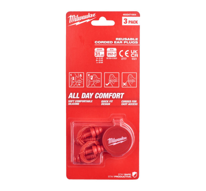Багаторазові беруші зі шнуром - 3 шт MILWAUKEE 4932471904