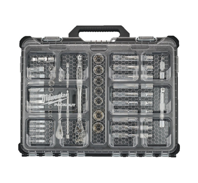 Набір головок торцевих хромованих метричних ½” + ¼” PACKOUT™ MILWAUKEE, з коміром (63шт)