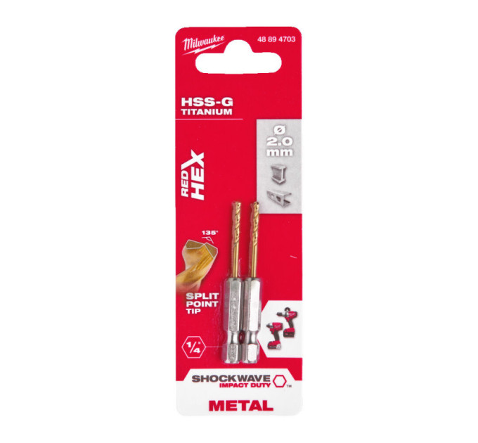 Сверло по металлу RedHEX SHOCKWAVE™ HSS-TiN MILWAUKEE, Ø2,0х59,5х17мм, (2шт)