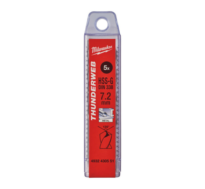 Свердло по металу THUNDERWEB HSS-G MILWAUKEE, DIN338, Ø7,2x109х69мм, (5шт)