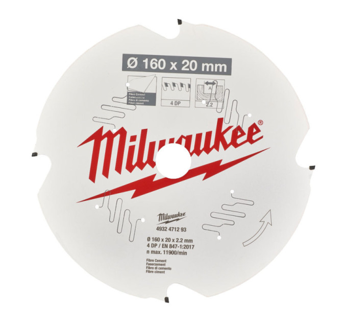 Диск пильный по фиброцементу PFTE MILWAUKEE, Ø190х30х1,8мм, 4 зуб.