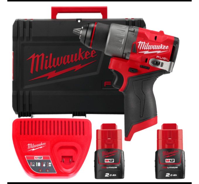 Дриль-шуруповерт акумуляторна безщіткова MILWAUKEE M12 FDD2-202X (37Нм)(ЗУ+2акк.Х2Ач+HDкейс)