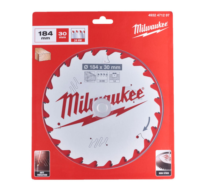 Диск пильный по дереву PFTE THIN KERF MILWAUKEE, Ø184х30х1,6мм, 24 зуб.