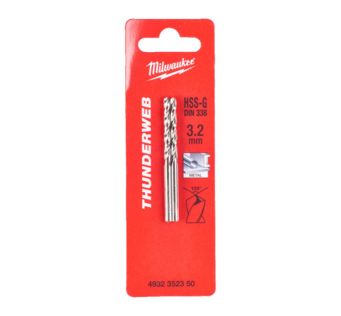 Свердло по металу THUNDERWEB HSS-G MILWAUKEE, DIN338, Ø3,2x65х36мм, (2шт)